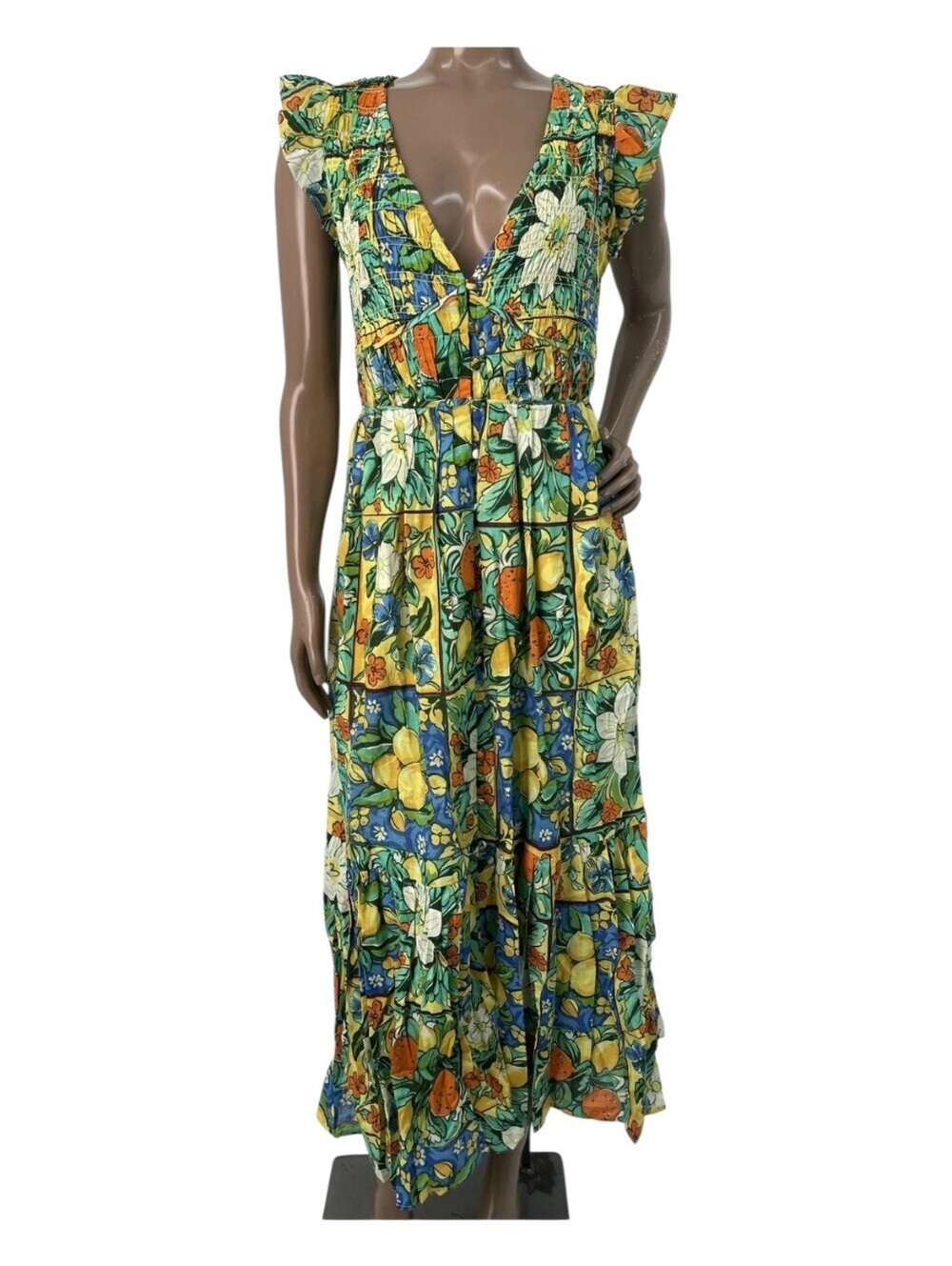 Anthropologie Peregrine Dress XS NWT Yellow Citrus Floral Midi Smocked Cotton Po - Picture 3 of 10